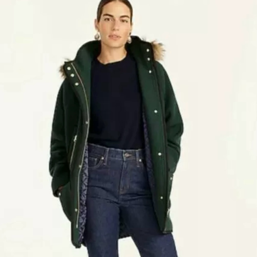 J Crew Summit Parka in Italian Stadium Cloth Wool Dark Forest. Size 00 - Picture 6 of 13